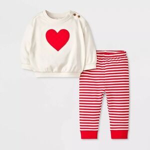 Baby 3-6 Month Heart Sweatshirt Jogger Set Red White Stripe Valentine Outfit NWT